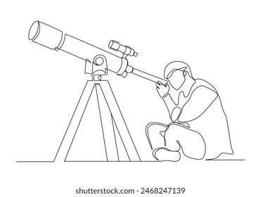 Continuous single one line sketch drawing of man look at telescope outer space science galaxy design concept vector illustration