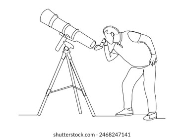 Continuous single one line sketch drawing of man look at telescope outer space science galaxy design concept vector illustration