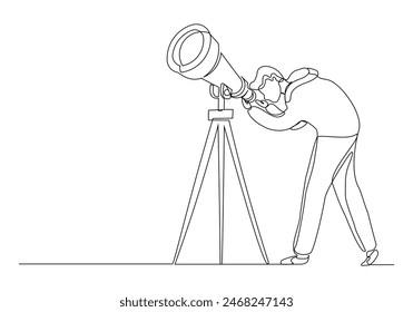 Continuous single one line sketch drawing of man look at telescope outer space science galaxy design concept vector illustration