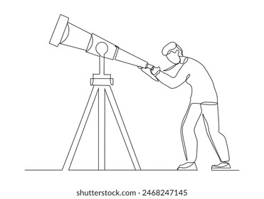 Continuous single one line sketch drawing of man look at telescope outer space science galaxy design concept vector illustration