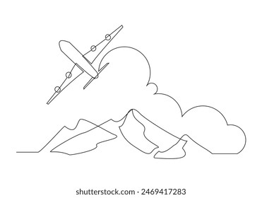 Continuous single one line sketch drawing of airplane flying over mountain nature landscape travel holiday concept vector illustration