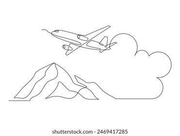 Continuous single one line sketch drawing of airplane flying over mountain nature landscape travel holiday concept vector illustration