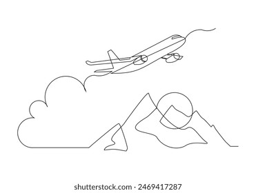 Continuous single one line sketch drawing of airplane flying over mountain nature landscape travel holiday concept vector illustration