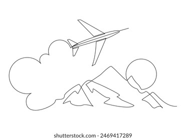 Continuous single one line sketch drawing of airplane flying over mountain nature landscape travel holiday concept vector illustration