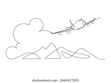 Continuous single one line sketch drawing of airplane flying over mountain nature landscape travel holiday concept vector illustration