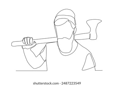 Continuous single one line sketch drawing of lumberjack holding axe to logging wood tree vector illustration