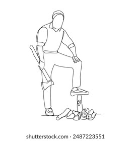 Continuous single one line sketch drawing of lumberjack holding axe to logging wood tree vector illustration