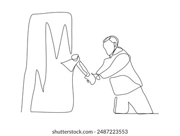 Continuous single one line sketch drawing of lumberjack holding axe to logging wood tree vector illustration