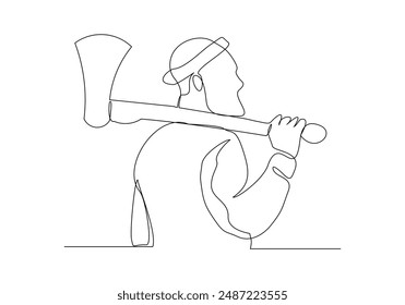 Continuous single one line sketch drawing of lumberjack holding axe to logging wood tree vector illustration