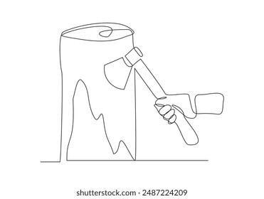 Continuous single one line sketch drawing of lumberjack hand holding axe to logging wood tree vector illustration