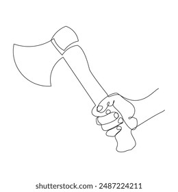 Continuous single one line sketch drawing of lumberjack hand holding axe to logging wood tree vector illustration