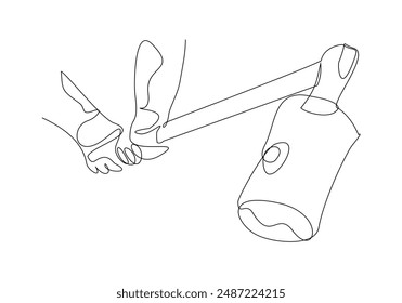 Continuous single one line sketch drawing of lumberjack hand holding axe to logging wood tree vector illustration