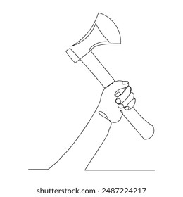 Continuous single one line sketch drawing of lumberjack hand holding axe to logging wood tree vector illustration