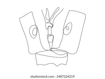 Continuous single one line sketch drawing of lumberjack hand holding axe to logging wood tree vector illustration