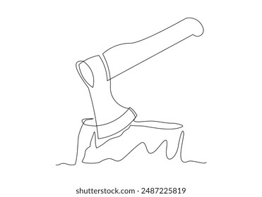 Continuous single one line sketch drawing Hatchet in a tree stump. A tree stump with an axe stuck. Forest, camping concept. Axe in stuck at stump vector illustration