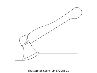 Continuous single one line sketch drawing Hatchet in a tree stump. A tree stump with an axe stuck. Forest, camping concept. Axe in stuck at stump vector illustration