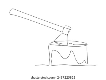 Continuous single one line sketch drawing Hatchet in a tree stump. A tree stump with an axe stuck. Forest, camping concept. Axe in stuck at stump vector illustration