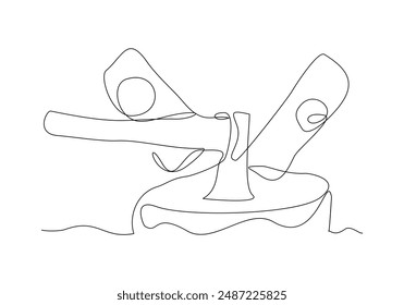 Continuous single one line sketch drawing Hatchet in a tree stump. A tree stump with an axe stuck. Forest, camping concept. Axe in stuck at stump vector illustration