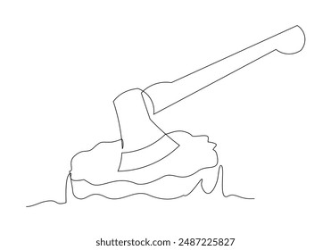 Continuous single one line sketch drawing Hatchet in a tree stump. A tree stump with an axe stuck. Forest, camping concept. Axe in stuck at stump vector illustration