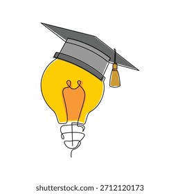 Dibujo continuo de boceto de una sola línea de idea de lámpara de bombilla graduación estudiante universitario sombrero educación Ilustración vectorial editable golpe