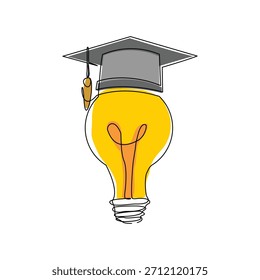 Continuous single one line sketch drawing of bulb lamp idea graduation student college hat cap education vector illustration editable stroke