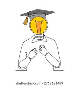 continuous single one line sketch drawing of man with bulb idea head wearing collage graduation hat cap. Smart genius people business finance and study school vector illustration editable stroke