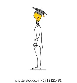 durchgehende einzeilige Skizzenzeichnung des Menschen mit Knollenidee Kopf tragen Collage Graduierung Hut Kappe. Intelligente geniale Menschen Business Finance und Studie Schule Vektorgrafik editierbaren Schlaganfall