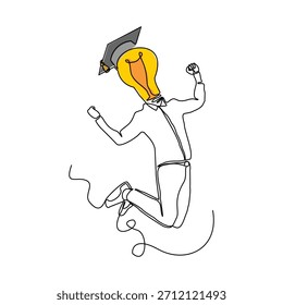 Dibujo continuo de un boceto de una sola línea de hombre con cabeza de idea de bombilla con gorra de sombrero de graduación de collage. Gente inteligente genio finanzas de negocios y estudio de la escuela Ilustración vectorial editable golpe
