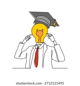 Dibujo continuo de un boceto de una sola línea de hombre con cabeza de idea de bombilla con gorra de sombrero de graduación de collage. Gente inteligente genio finanzas de negocios y estudio de la escuela Ilustración vectorial editable golpe