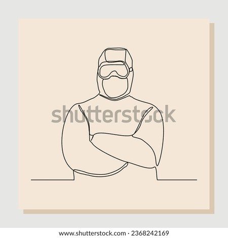 Continuous single one line sketch hand drawn drawing of man doctor in protective suit hazmat to protect body from virus and disease. Vector illustration