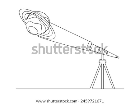 Continuous single one line sketch drawing of telescope optic magnifying observation outer space planet asteroid astronomy concept simple vector illustration