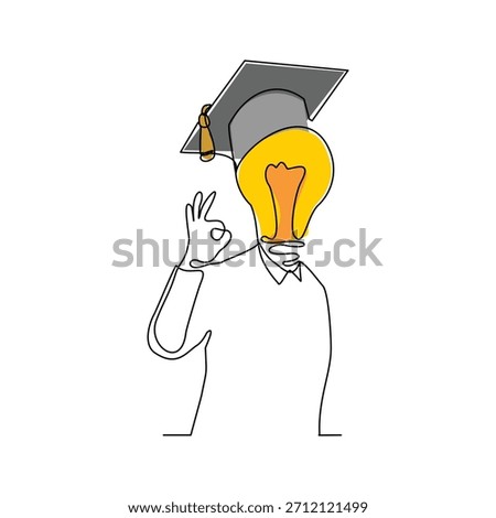 continuous single one line sketch drawing of man with bulb idea head wearing collage graduation hat cap. Smart genius people business finance and study school vector illustration editable stroke