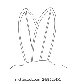 Continuous single one line surfing board standing up in sand beach sketch drawing vector illustration