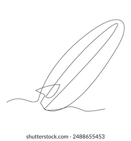 Continuous single one line surfing board standing up in sand beach sketch drawing vector illustration