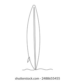 Continuous single one line surfing board standing up in sand beach sketch drawing vector illustration