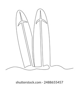 Continuous single one line surfing board standing up in sand beach sketch drawing vector illustration