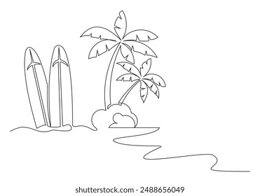 Continuous single one line surfing board standing up in sand beach with palm tree beach sea ocean wave view summer time sketch drawing vector illustration