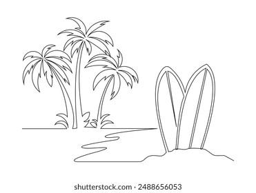 Continuous single one line surfing board standing up in sand beach with palm tree beach sea ocean wave view summer time sketch drawing vector illustration