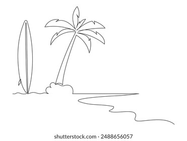 Continuous single one line surfing board standing up in sand beach with palm tree beach sea ocean wave view summer time sketch drawing vector illustration