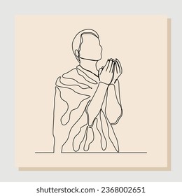 Kontinuierliche Einskizze mit einer Skizze handgezeichnet Linie Zeichnung des muslimen Menschen beten in Hadschi-Hram-Uniform. Ein Kunstbegriff aus einer Linie von islamisch. Vektorgrafik
