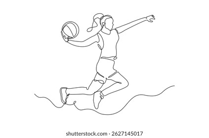 Continuous single one sketch line drawing of basketball woman player active professional sport championship vector illustration