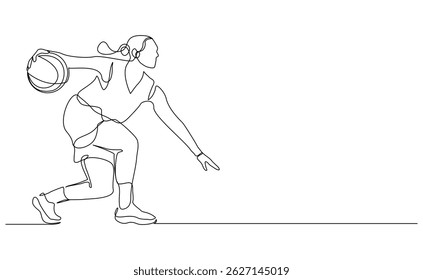 Desenho de linha de esboço único contínuo de uma mulher de basquete jogador esporte profissional ativo vetor ilustração