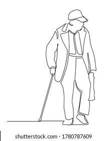 continuous single unmarked one line old retired hand drawn picture silhouette  Line art  Old man walking and cane drawing  Vector illustration 