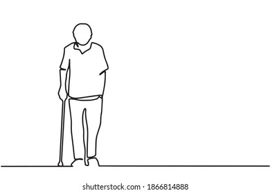Continuous single unmarked one line old retired hand drawn picture silhouette  Line art  Old man walking and cane drawing  Vector illustration 