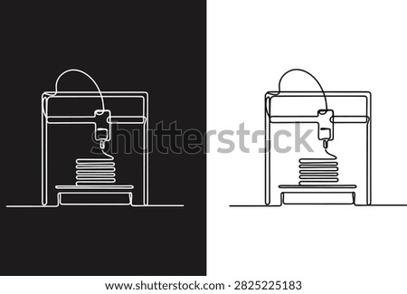 A continuous single-line of a 3D printer in the process of creating a layered The is presented in two versions: a white line on a black background and a black line on a white background. The printer frame, the extruder head, and a stack of printed layers on the build plate, rendered in a minimalist, fluid, and unbroken stroke style.