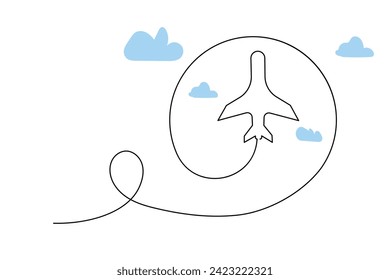 Continuous single-line airplane path on the clouds. And one-line world travel flight airline outline icon art
