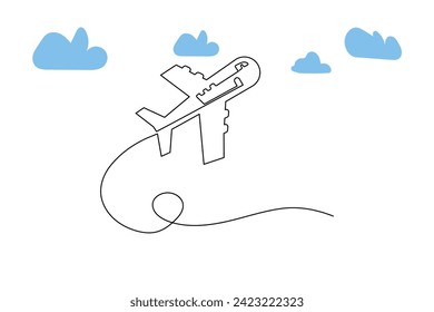 Continuous single-line airplane path on the clouds. And one-line world travel flight airline outline icon art