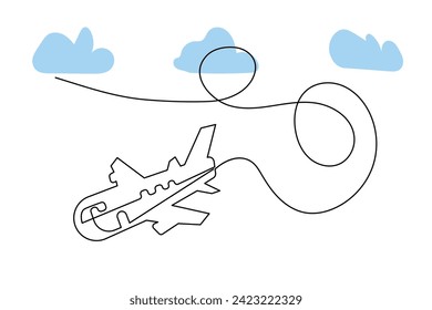 Continuous single-line airplane path on the clouds. And one-line world travel flight airline outline icon art