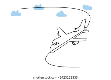 Continuous single-line airplane path on the clouds. And one-line world travel flight airline outline icon art