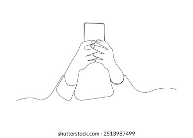 Continuous single-line art drawing of hands holding phone. Vector illustrations.